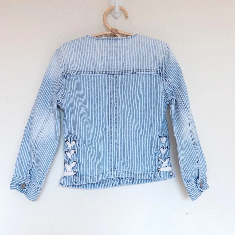 Gap Denim Jacket Blue White Hickory Stripe Lace Up Back Kids Size S 6-7